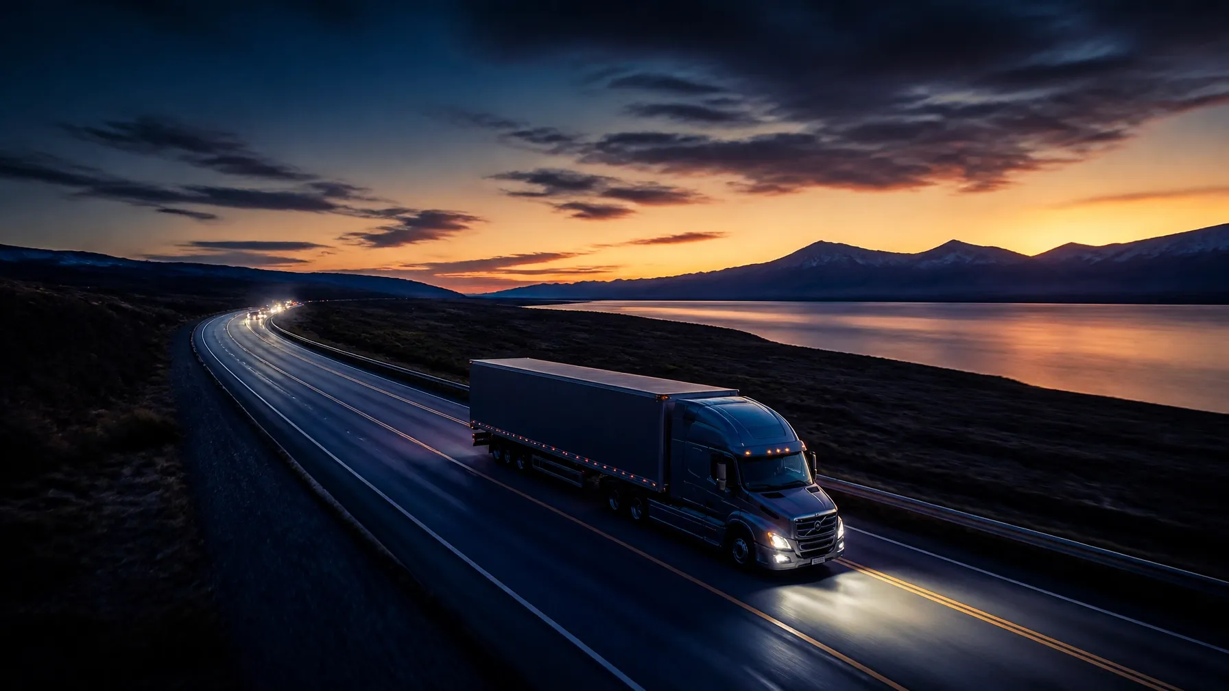 Semi-truck on an open highway at dusk